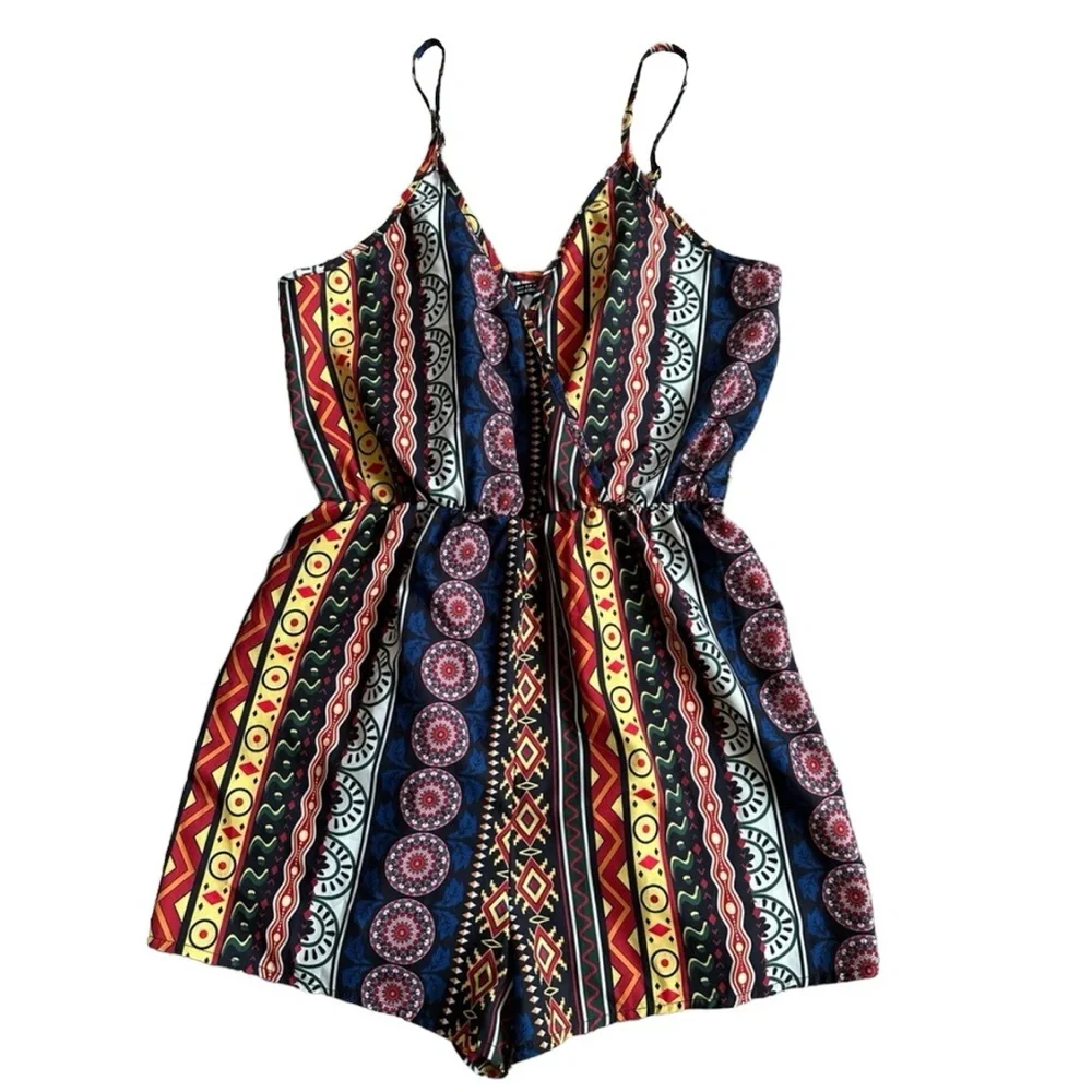 Boho Summer Multi Colored Spaghetti Strap Colorful Romper Size Medium